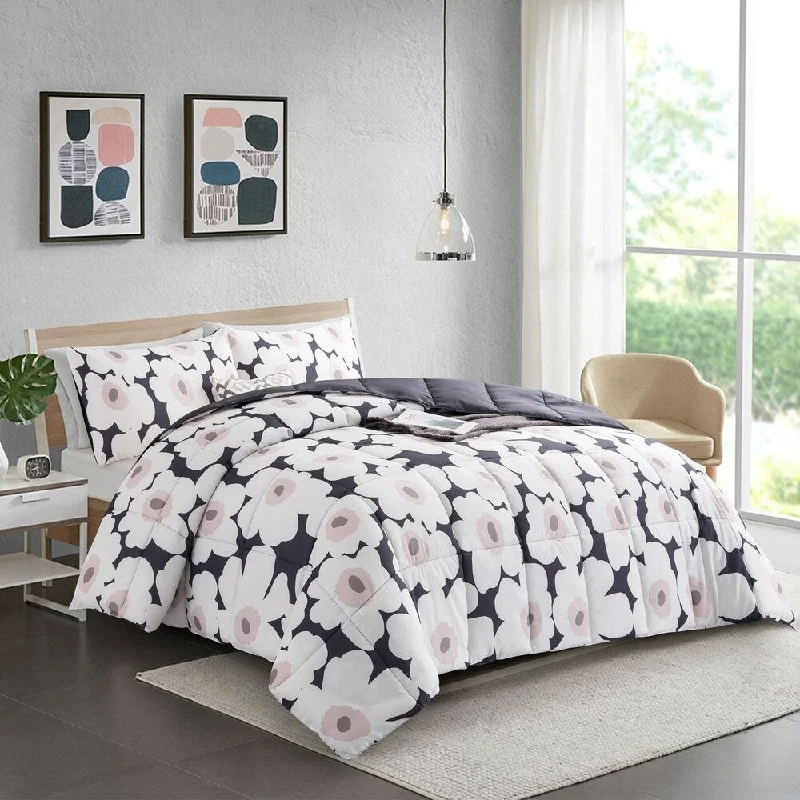 Silk - filled comforters for a luxurious and smooth touchYear Round Reversible Floral Print to Solid Grey Down Alternative Comforter Set