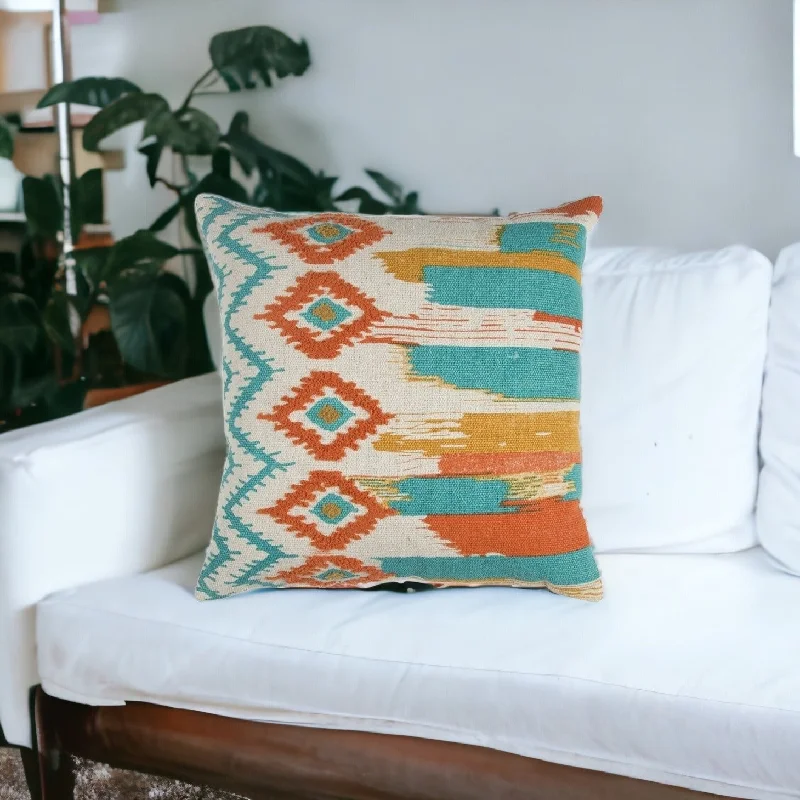 Lumbar Support Pillows for Car Seats20" X 20" Ivory Blue and Orange Ikat Cotton Zippered Pillow With Embroidery Lumbar Support Pillows for Car Seats20" X 20" Ivory Blue and Orange Ikat Cotton Zippered Pillow With Embroidery