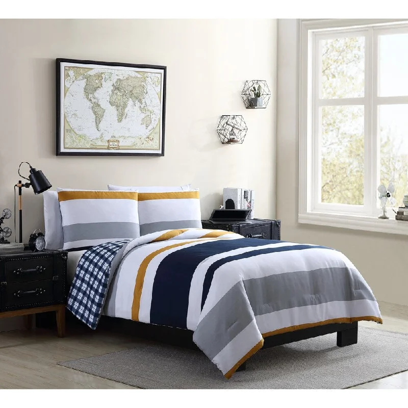 Full - size comforters suitable for full - sized beds in guest rooms or small bedroomsVCNY Home Indigo Stripe and Plaid Reversible Comforter Set