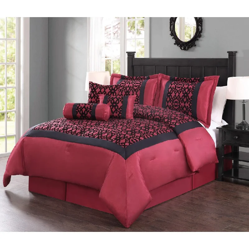 Silk - filled comforters for a luxurious and smooth touchLisa Red/Black Flocking 7-piece Comforter Set