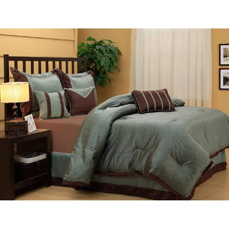 Goose down comforters known for their superior quality and insulationTobey Luxury Blue Brown 7-piece Comforter Set