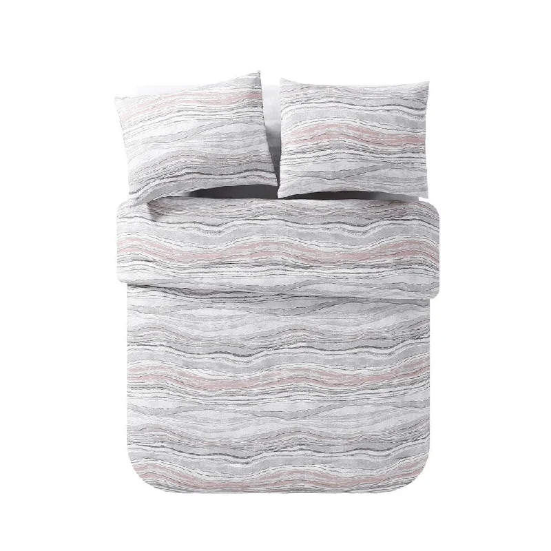 Goose down comforters known for their superior quality and insulationPorch & Den Gianola Marble Blush and Grey Comforter Set