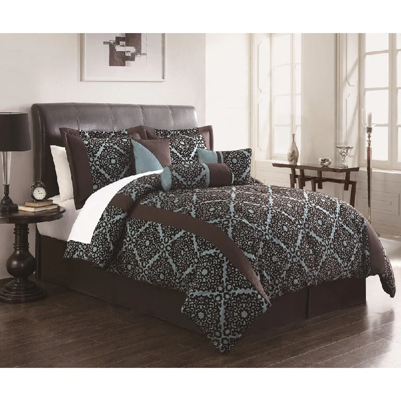 Bamboo - fiber - filled comforters with antibacterial and breathable qualitiesZamora 7-piece Chocolate/Aqua Flocking Comforter Set
