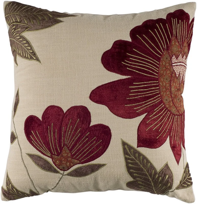 Square Pillows for Modern Home Decor18" Beige and Red Floral Throw Pillow With Embroidery