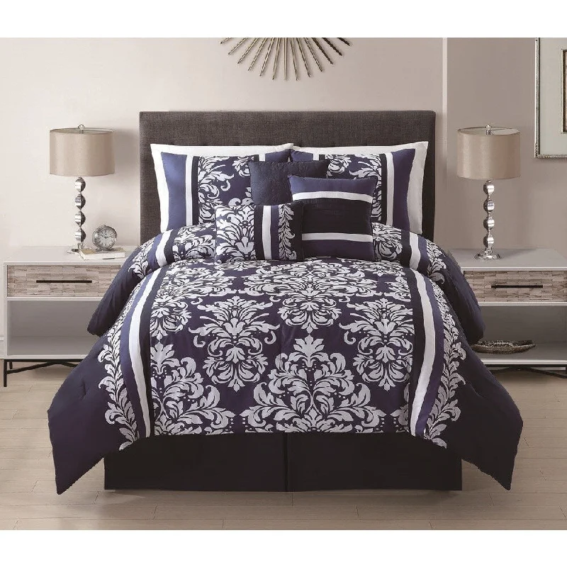 Full - size comforters suitable for full - sized beds in guest rooms or small bedroomsTaylor 7-piece Navy Embroidered Floral Medallion Comforter Set