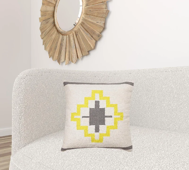 Plush Pillows for a Cozy Bed20" X 20" Gray White And Yellow 100% Cotton Geometric Zippered Pillow