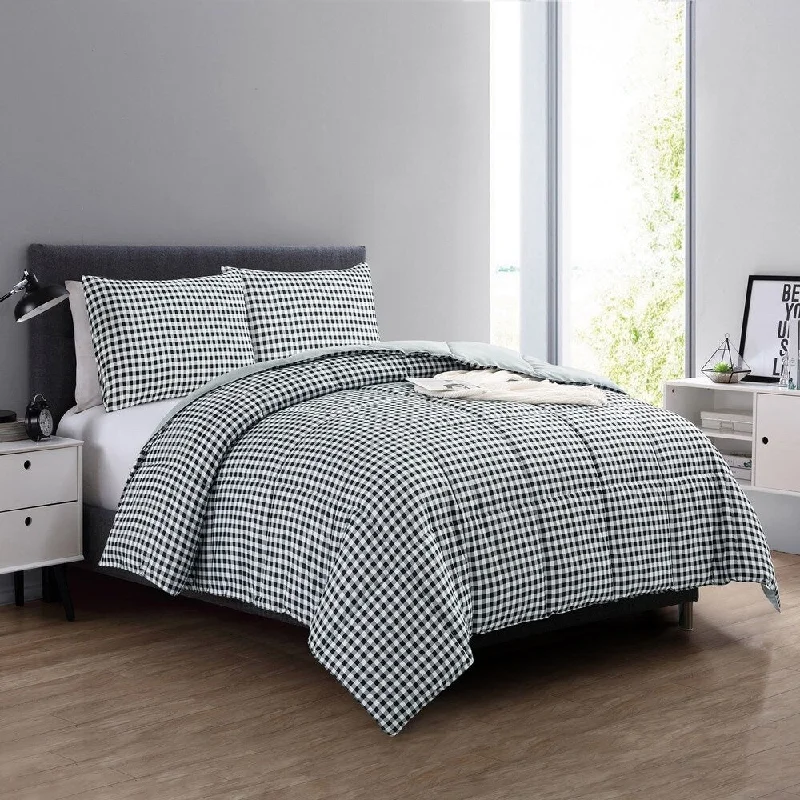 Silk - filled comforters for a luxurious and smooth touchYear Round Reversible Red Plaid Print to Solid Black Down Alternative Comforter Set