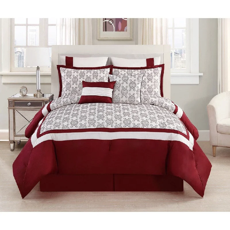 Goose down comforters known for their superior quality and insulationSeralina Burgundy Embroidered 8-piece Comforter Set