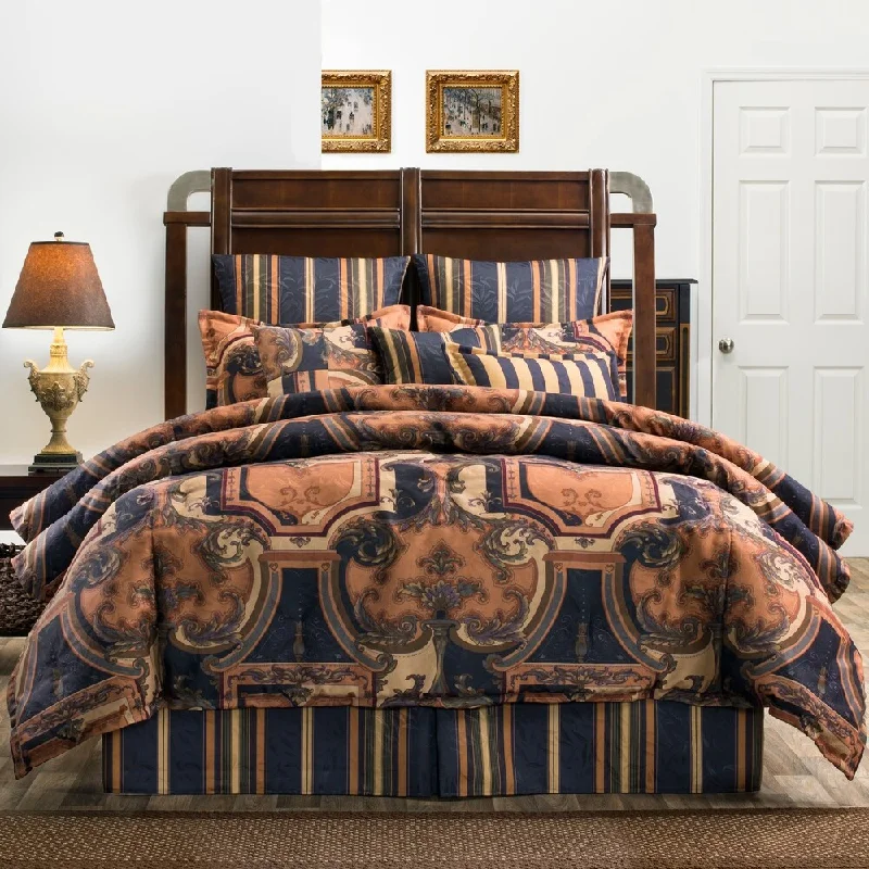 Goose down comforters known for their superior quality and insulationCordoba Jacquard Damask deep navy comforter set Goose down comforters known for their superior quality and insulationCordoba Jacquard Damask deep navy comforter set