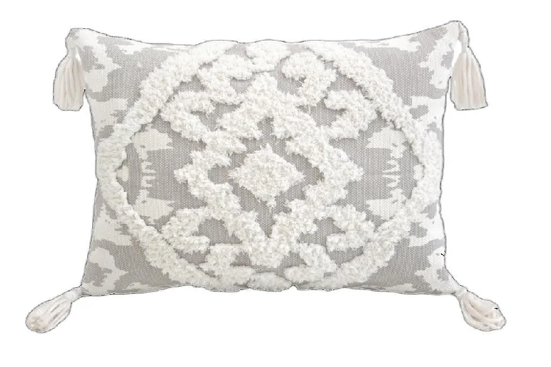 Plush Pillows for a Cozy Bed13" X 18" Grey And White Damask Zippered Polyester And Cotton Blend Throw Pillow With Tassels Plush Pillows for a Cozy Bed13" X 18" Grey And White Damask Zippered Polyester And Cotton Blend Throw Pillow With Tassels