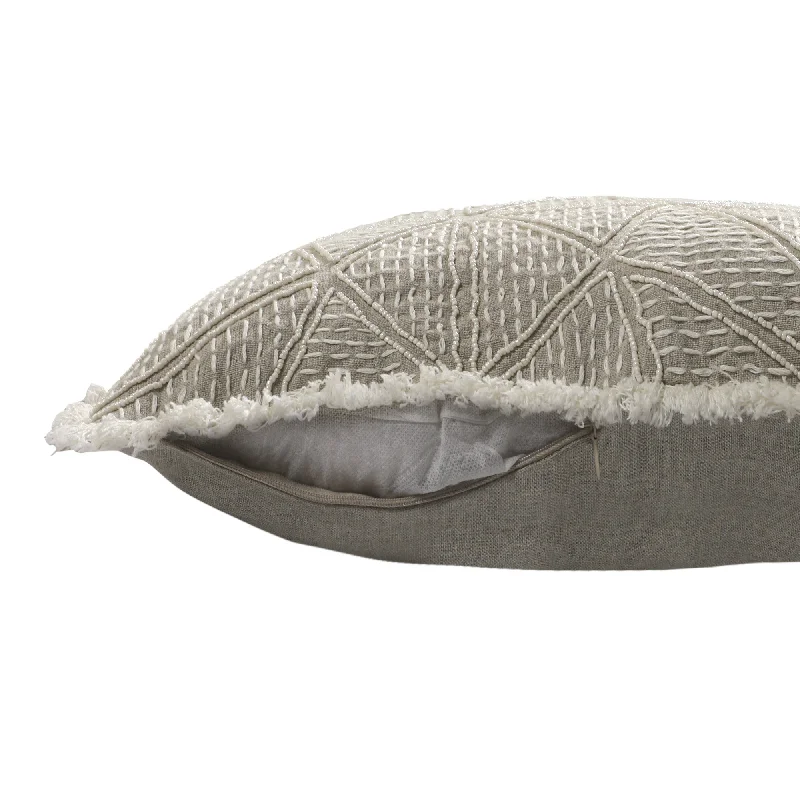 Back Support Pillows for Office Chairs20" X 20" Beige and Ivory Geometric Linen Zippered Pillow With Embroidery, Fringe