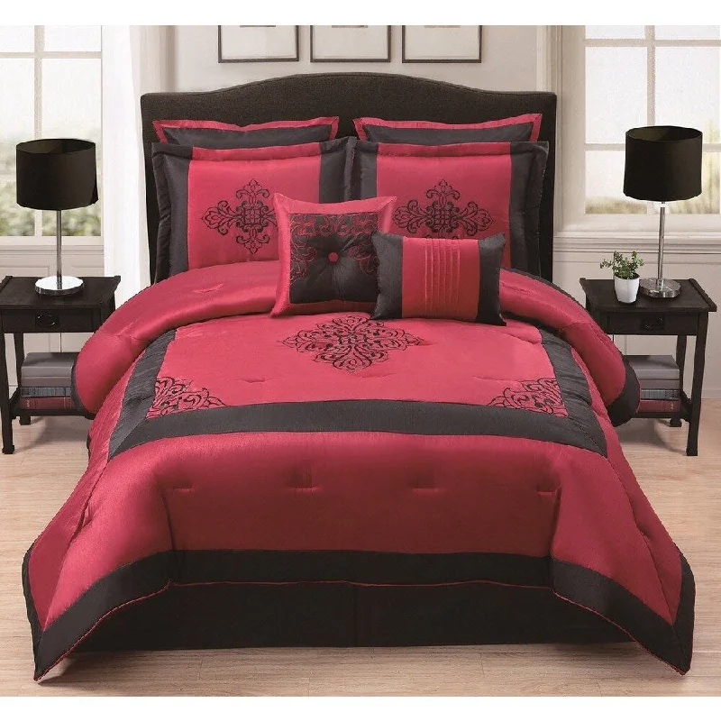 Duck down comforters with a softer feel and good warmth retentionCalvary 8-piece Black/Red Embroidery Comforter Set