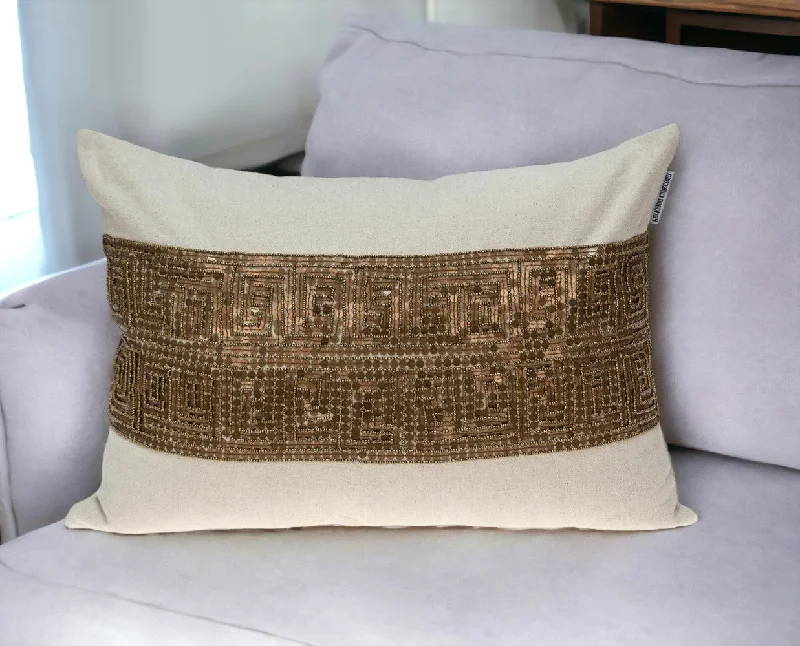 Square Pillows for Modern Home DecorGlam Beige with Golden Sequins Lumbar Throw Pillow