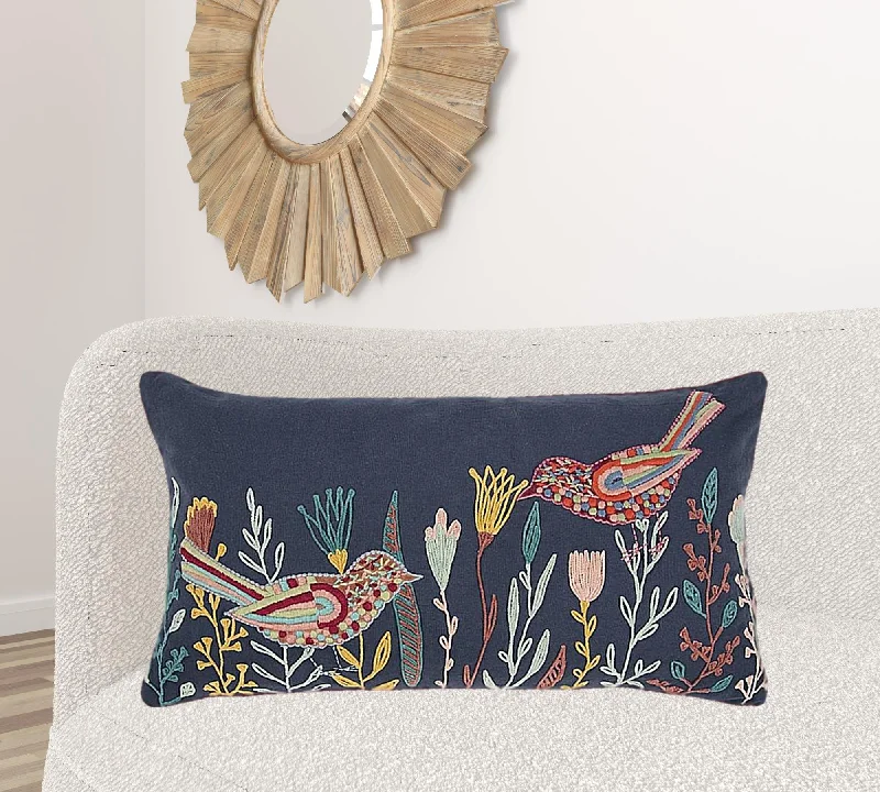 Soft and Fluffy Pillows for Bedroom ComfortBlue Botanical and Bird Embroidered Lumbar Pillow