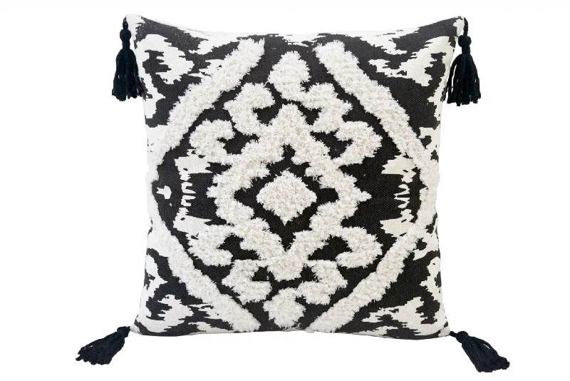Kids Pillows with Fun Designs17" X 17" Black and White Textural Geometric Throw Pillow With Tassels Kids Pillows with Fun Designs17" X 17" Black and White Textural Geometric Throw Pillow With Tassels