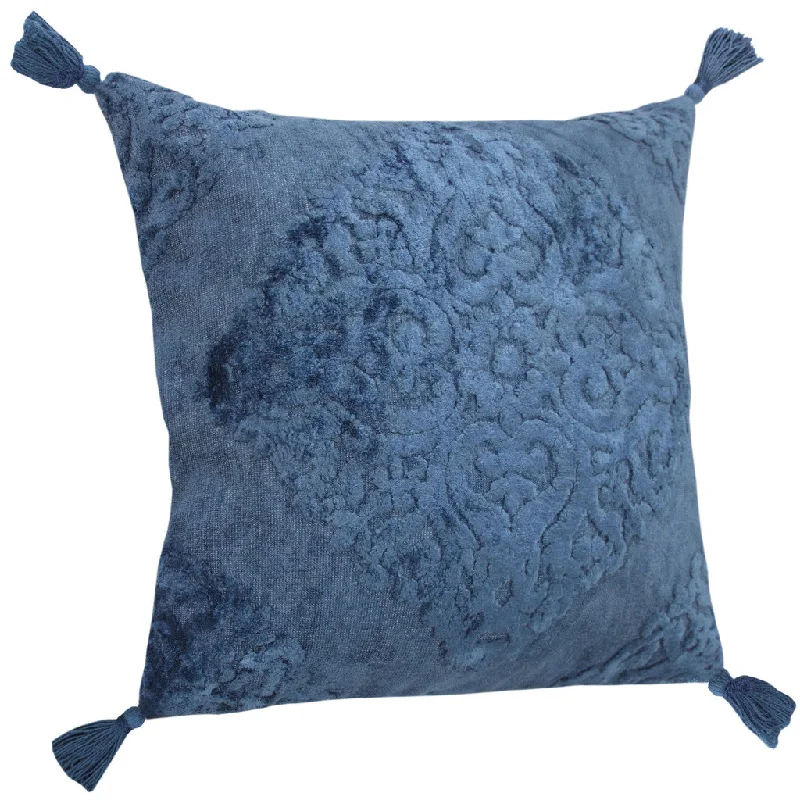 Round Pillows for Boho-Style Interiors20" X 20" Blue Damask Cotton Blend Zippered Pillow With Tassels Round Pillows for Boho-Style Interiors20" X 20" Blue Damask Cotton Blend Zippered Pillow With Tassels