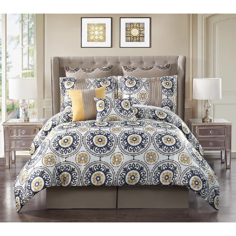 Latex - filled comforters with a bouncy texture and good supportAramaic 8-piece Yellow/ Grey/ Ivory Medallion Comforter Set
