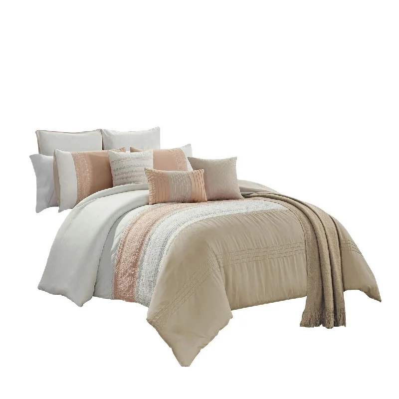 Duck down comforters with a softer feel and good warmth retention10 Piece Queen Polyester Comforter Set with Textured Details, White and Brown