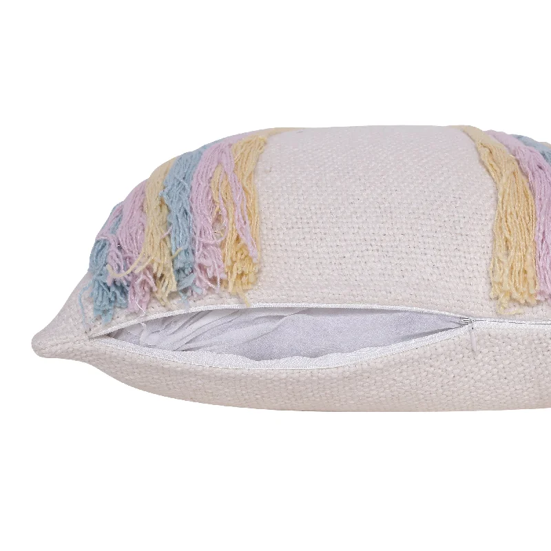 Back Support Pillows for Office Chairs20" X 20" Blue and Off White Braided Cotton Zippered Pillow With Fringe