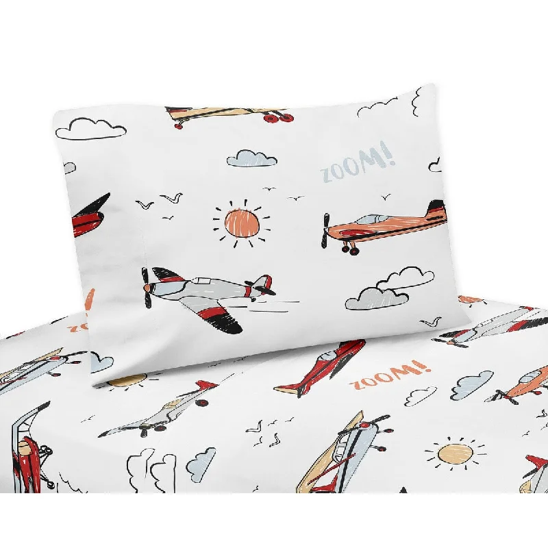 Vintage Airplane 4pc Queen Sheet Set - Grey Yellow Orange Red White and Blue Airplanes Air Plane Transportation Clouds Sun Sky Vintage Airplane 4pc Queen Sheet Set - Grey Yellow Orange Red White and Blue Airplanes Air Plane Transportation Clouds Sun Sky