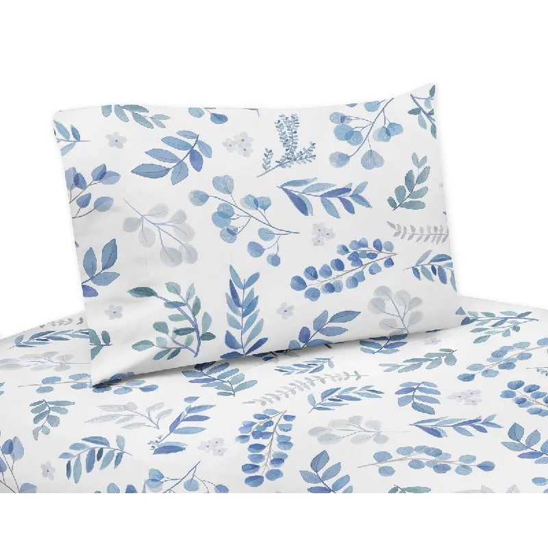 Floral Leaf Collection 3-piece Twin Sheet Set - Blue Grey and White Boho Watercolor Botanical Flower Woodland Tropical Garden Floral Leaf Collection 3-piece Twin Sheet Set - Blue Grey and White Boho Watercolor Botanical Flower Woodland Tropical Garden