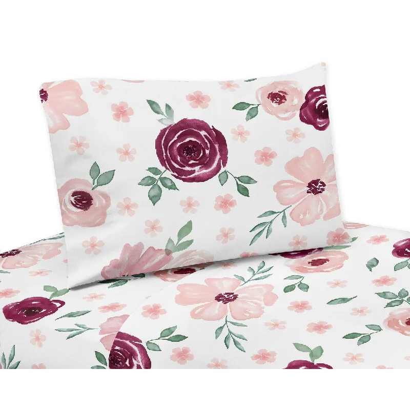 Burgundy and Pink Watercolor Floral 3-piece Twin Sheet Set - Blush Maroon Wine Rose Green and White Shabby Chic Flower Farmhouse Burgundy and Pink Watercolor Floral 3-piece Twin Sheet Set - Blush Maroon Wine Rose Green and White Shabby Chic Flower Farmhouse