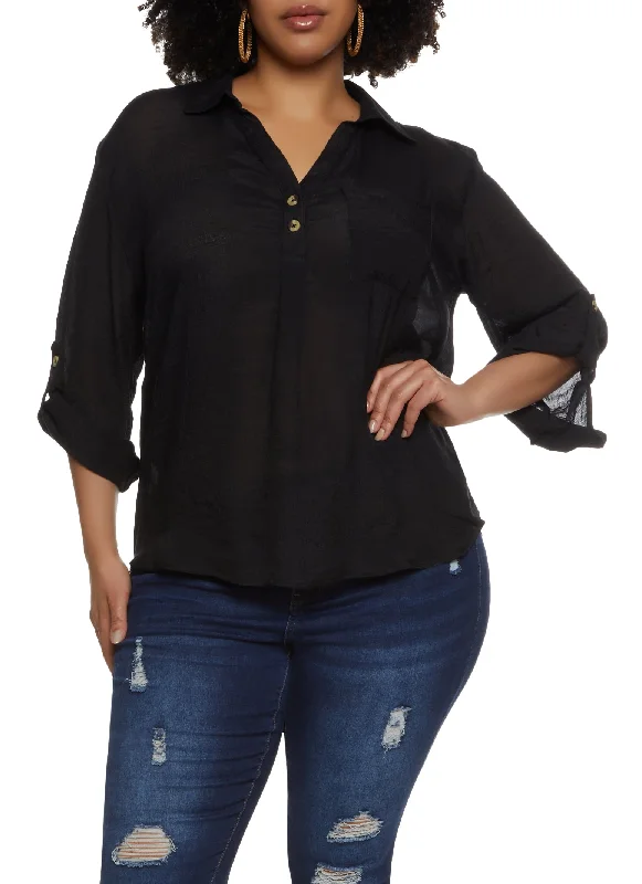 Plus Size Tabbed Sleeve V Neck Shirt