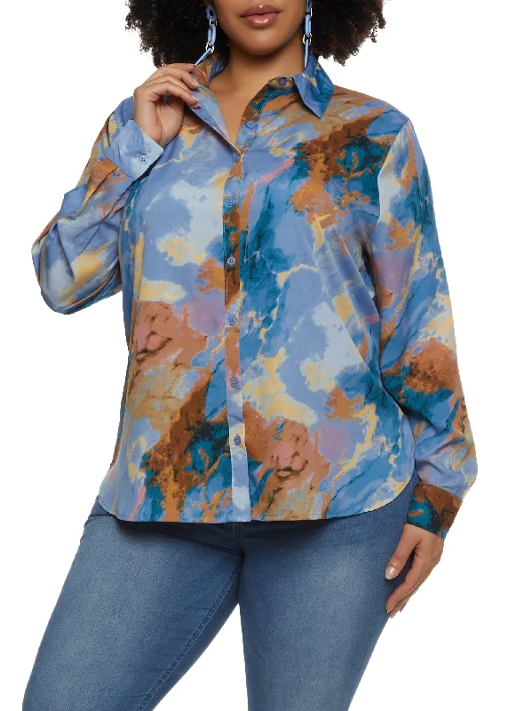 Plus Size Tie Dye Button Down Shirt