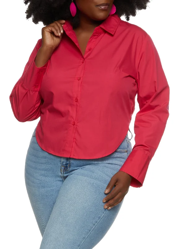 Plus Size Belted Open Back Button Front Shirt