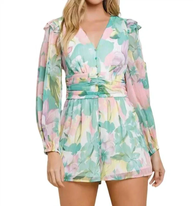 Ruched Waist Romper In Green Multi