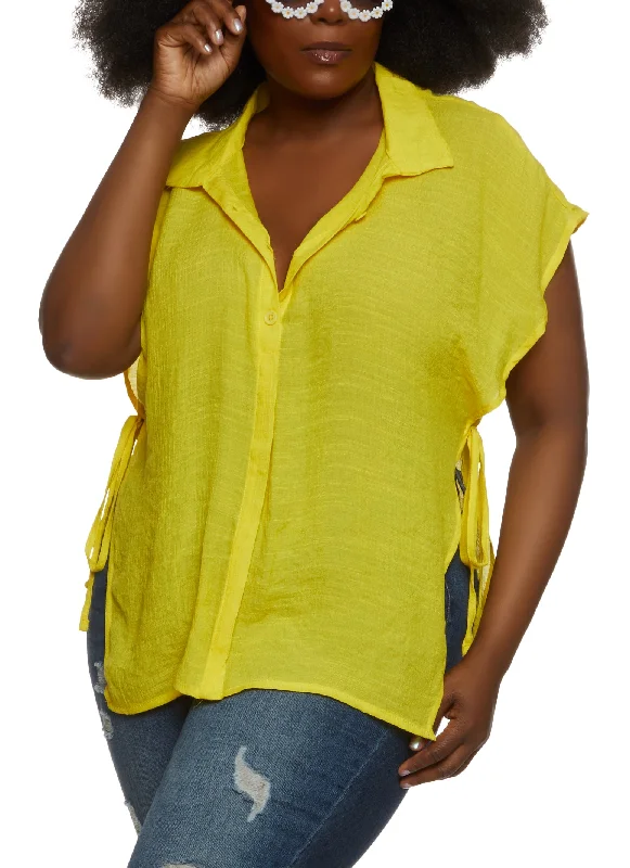 Plus Size Open Side Tie Button Front Top