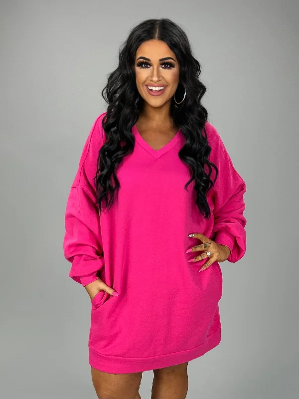 41 SLS-N [COZY DAYS} Fuchsia V-Neck Tunic with Pockets PLUS SIZE XL 2X 3X