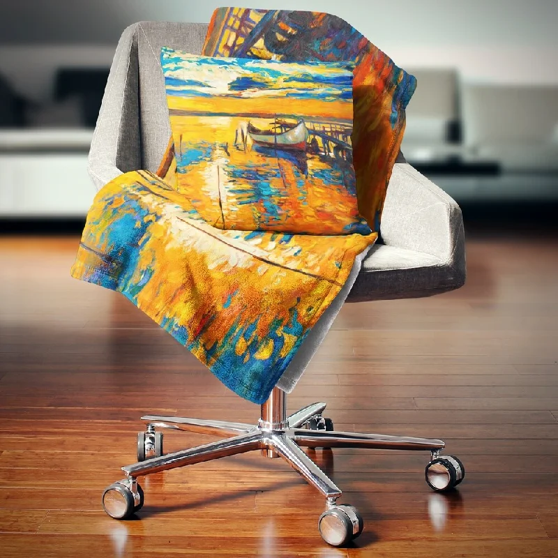 Rayon from bamboo blankets for a silky and breathable feelDesignart 'Boat and Jetty at Sunset' Landscape Fleece Throw Blanket Rayon from bamboo blankets for a silky and breathable feelDesignart 'Boat and Jetty at Sunset' Landscape Fleece Throw Blanket