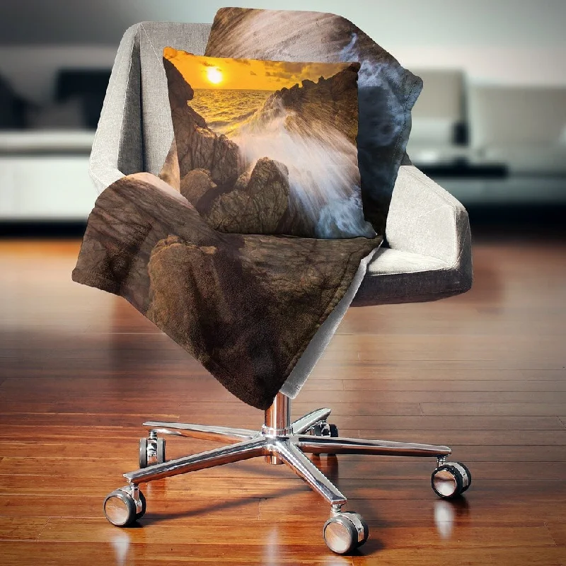 Cotton blankets for breathability and a lightweight feelDesignart 'Sunset Sea Wave Impact Rocks at Sunset' Seascape Throw Blanket Cotton blankets for breathability and a lightweight feelDesignart 'Sunset Sea Wave Impact Rocks at Sunset' Seascape Throw Blanket