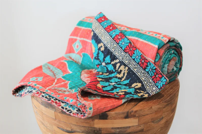 Silk blankets with a smooth and elegant touchSari Kantha Large Throw - Green, Peach & Red Flowers Silk blankets with a smooth and elegant touchSari Kantha Large Throw - Green, Peach & Red Flowers