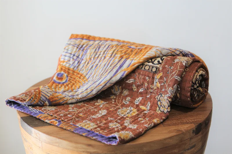 Mohair blankets with a unique sheen and softnessSari Kantha Small Throw - Brown Flowers Mohair blankets with a unique sheen and softnessSari Kantha Small Throw - Brown Flowers