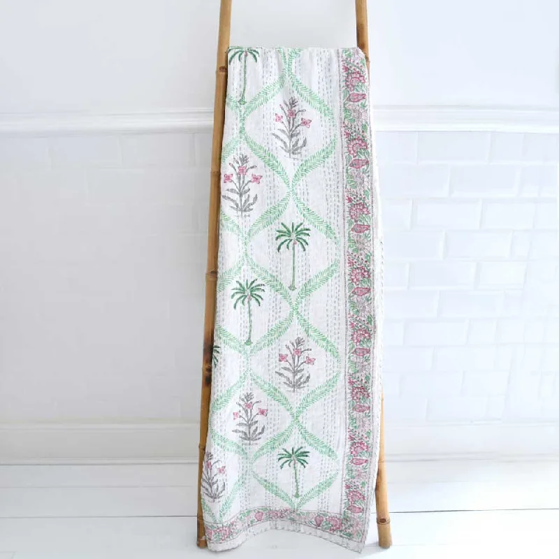 Queen - size mattresses for couples and standard bedroomsKantha Throw - Floral Pink Palms Queen - size mattresses for couples and standard bedroomsKantha Throw - Floral Pink Palms