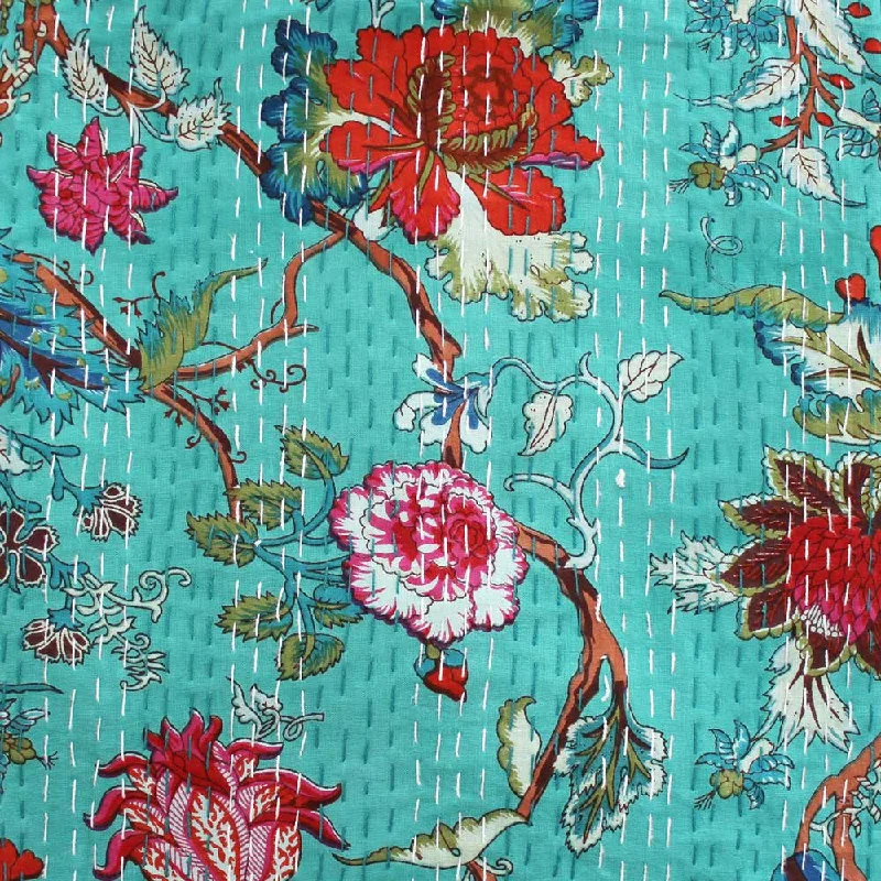 Wool - filled mattresses for natural insulation and moisture - wickingKantha Throw - Teal Exotic Flower Wool - filled mattresses for natural insulation and moisture - wickingKantha Throw - Teal Exotic Flower