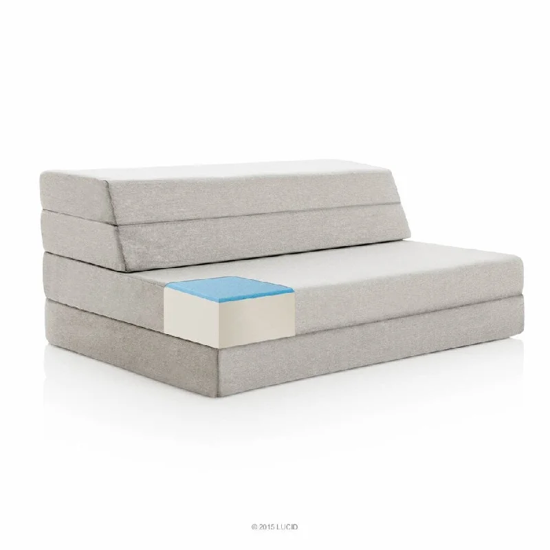 Gel - infused memory foam mattresses for cooler sleepLUCID Comfort Collection 4 Inch Gel Folding Sofa - Grey Gel - infused memory foam mattresses for cooler sleepLUCID Comfort Collection 4 Inch Gel Folding Sofa - Grey